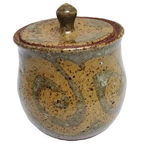 Antique Vintage Studio Pottery SIGNED Jar w/Lid Signed TC Small Sand Brown &Moss